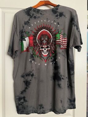 Affliction Men's Black Gray Tie-Dye Graphic Tee with Red & Green Skull Emblem